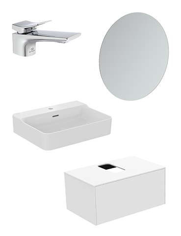 IS Bundle 02 Conca mit Waschtisch, Waschtisch-Unterschrank weiß, Spiegel und Armatur