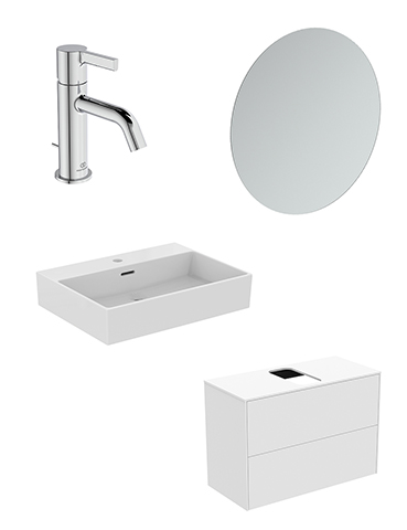 IS Bundle 01 Conca mit Waschtisch, Waschtisch-Unterschrank weiß, Spiegel und Armatur