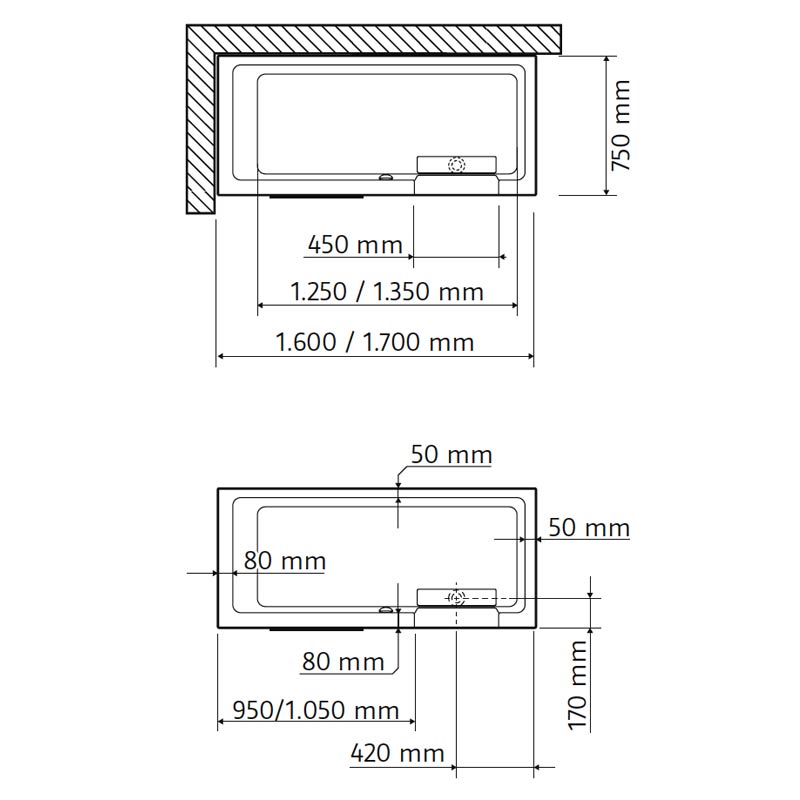 HSK DuschWanne Dobla 1600mm x 750mm ohne Beschichtung Einstieg rechts